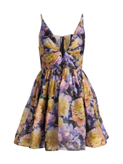 Zimmermann Luna Gathered Floral-print Linen And Silk-blend Mini Dress In Blue