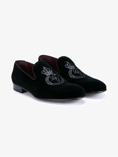 Shop Dolce & Gabbana Embroidered Velvet Slippers In Blue