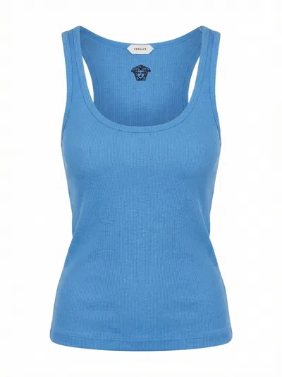 Versace Ribbed Silk-nylon Sleeveless Top With Subtle Logo In Blue