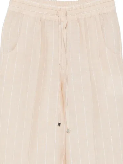 Kiton Striped Linen Drawstring Trousers In Neutral