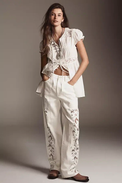 Paige Womens Tonal Ecru Embroidered Sawyer Embroided Wide-leg Denim Jeans In White