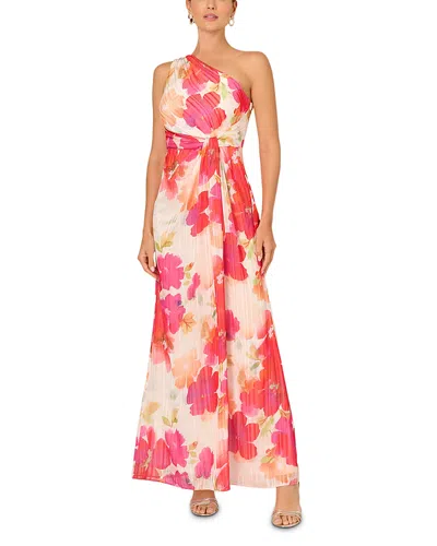 Adrianna Papell One Shoulder Watercolor Floral Stripe Gown In Ivory Pink Multi