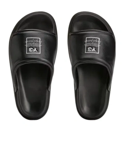 Y-3 Plain Leather Slides In Black