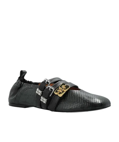 Ganni Printed Synthetic Leather Ballerinas With Rubber Sole In Black