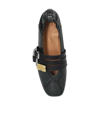 Ganni Printed Synthetic Leather Ballerinas With Rubber Sole In Black