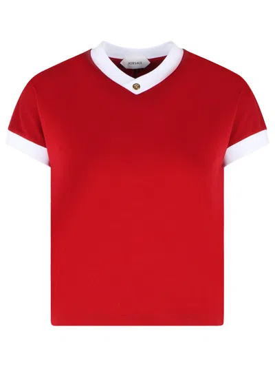 Versace Cotton V Neck Top Short Sleeves Buttons In Multi