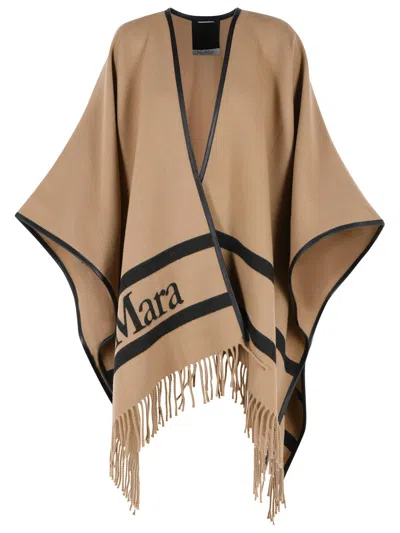 Max Mara Fringed Leather-trimmed Wool-jacquard Cape In Black