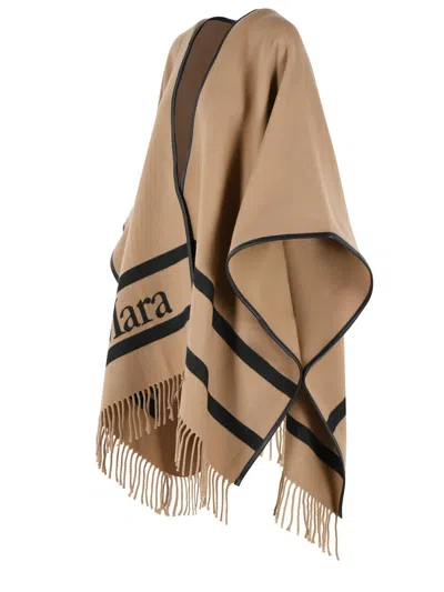 Max Mara Fringed Leather-trimmed Wool-jacquard Cape In Black