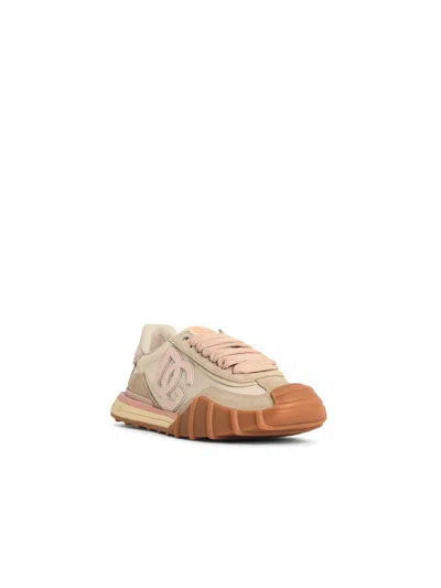 Dolce & Gabbana Dg Athletic Sneakers In Ivory And Pink Fabric And Leather In Multi