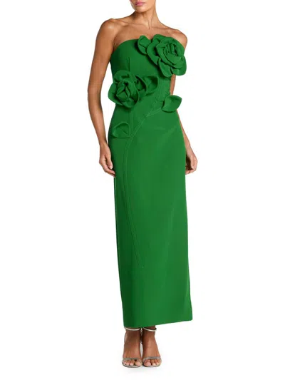 Mac Duggal Crepe Strapless Midi Dress With 3d Flower Detail In Green