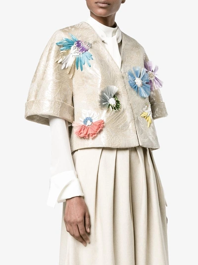 Shop Delpozo Appliquéd Floral Jacquard Jacket In Nude/neutrals
