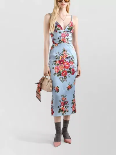 Dolce & Gabbana Floral Midi Dress Fitted Silhouette In Blue