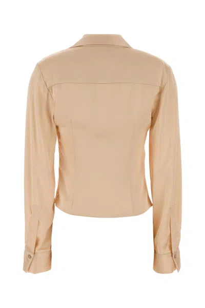 Blumarine Stretch Satin Blouse Collared Draped Front In Brown