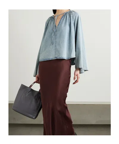 Frame Gathered Chambray Blouse In Blue