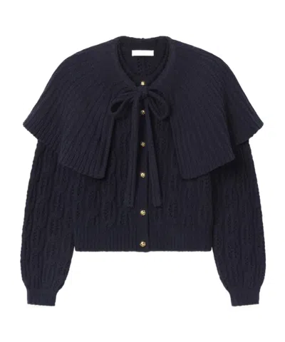 Frame Cape-effect Cable-knit Wool-blend Cardigan In Blue