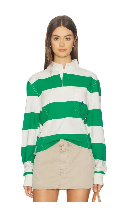 Polo Ralph Lauren Embroidered Striped Cotton Rugby Shirt In Green