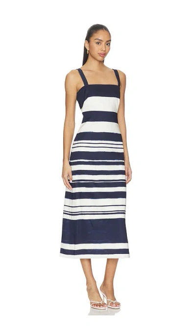 Veronica Beard Ella Striped Linen Midi Dress In Navy Dove White In Black