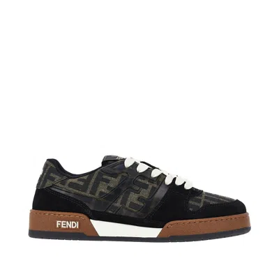 Fendi Match Ff Jacquard Fabric And Suede Sneakers In Black