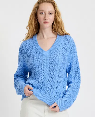 French Connection Ryland Knit Stripe Pullover Sweater In Blue Hydrangea In Blue