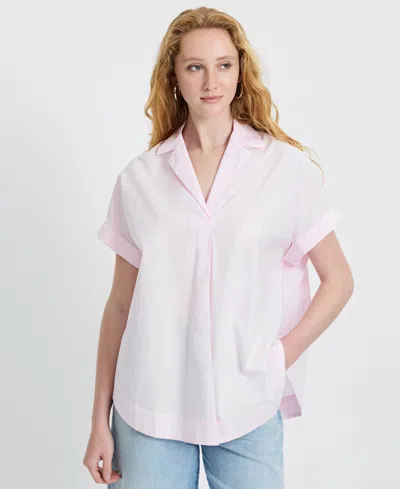 French Connection Poplin Collar Short Sleeve Pullover Top In Pink
