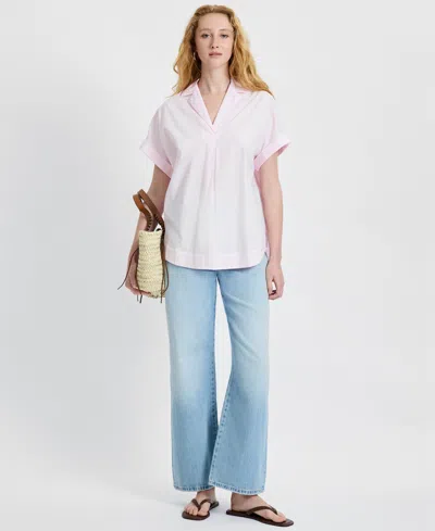 French Connection Poplin Collar Short Sleeve Pullover Top In Pink