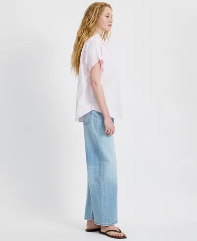 French Connection Poplin Collar Short Sleeve Pullover Top In Pink