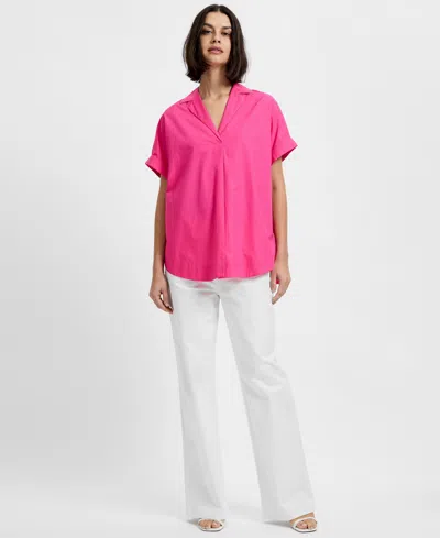 French Connection Poplin Collar Short Sleeve Pullover Top In Pink