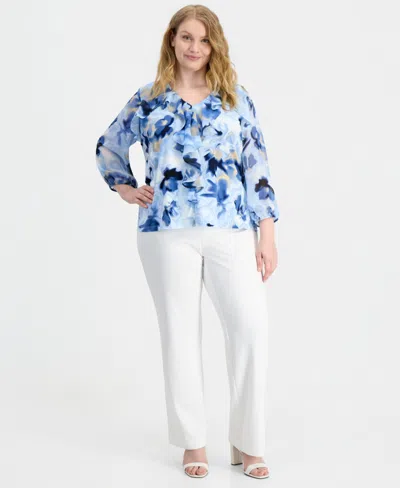 Anne Klein Plus Size Cascade Ruffle-front Blouse In Multi