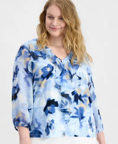 Anne Klein Plus Size Cascade Ruffle-front Blouse In Multi