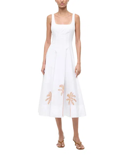 Staud Wells Pleated Printed Cotton-blend Poplin Midi Dress In White