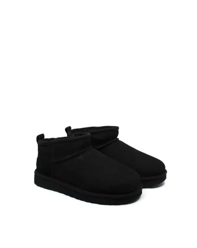 Ugg Classic Ultra Mini Black Ankle Boots With Shearling Lining In Leather Woman In Black