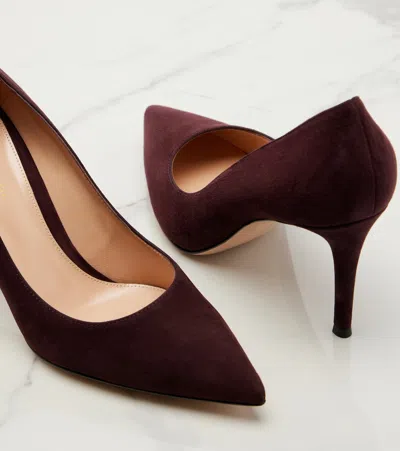 Gianvito Rossi Pointed Toe Suede Stiletto Heel Pumps In Burgundy