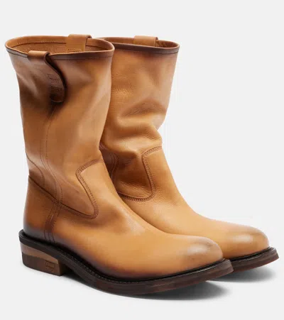 Miu Miu Leather Ankle Boots Round Toe Pull Tab In Brown
