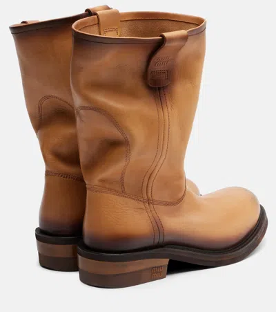 Miu Miu Leather Ankle Boots Round Toe Pull Tab In Brown