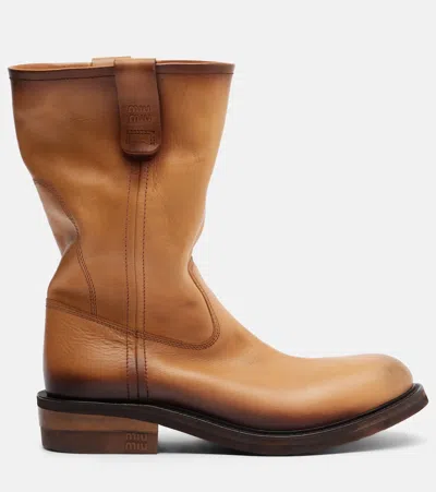 Miu Miu Leather Ankle Boots Round Toe Pull Tab In Brown