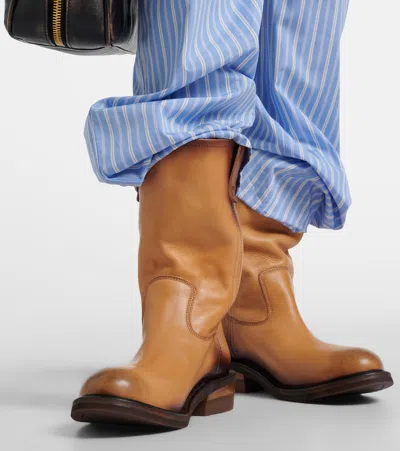Miu Miu Leather Ankle Boots Round Toe Pull Tab In Brown