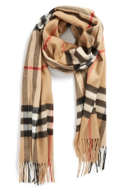 Shop Burberry Heritage Giant Check Fringed Cashmere Muffler In Camel Check