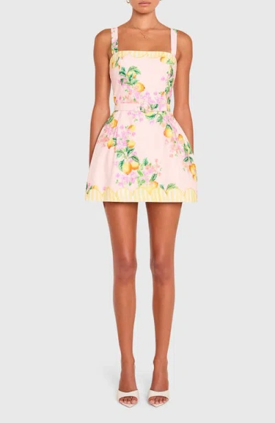 Amanda Uprichard Judie Lemon Print Belted Linen Blend Romper In Metallic