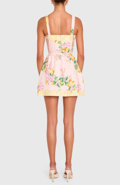 Amanda Uprichard Judie Lemon Print Belted Linen Blend Romper In Metallic