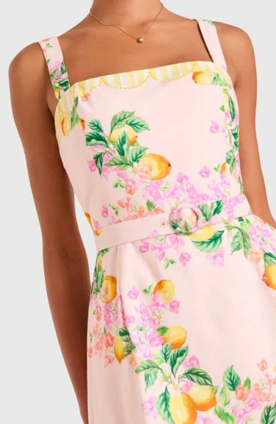 Amanda Uprichard Judie Lemon Print Belted Linen Blend Romper In Metallic