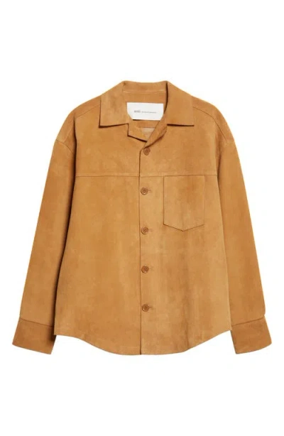 Ami Alexandre Mattiussi Suede Oversize Shirt Long Sleeves Chest Pocket In Brown