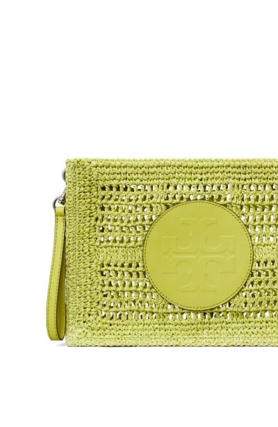 Tory Burch Hand Crocheted Raffia Rectangular Clutch Pouch In Green