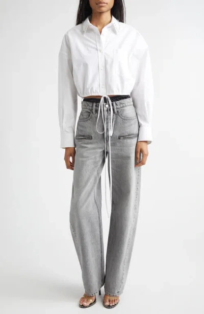 Alexander Wang Crystal Stud Crop Drawstring Waist Cotton Button-up Shirt In White