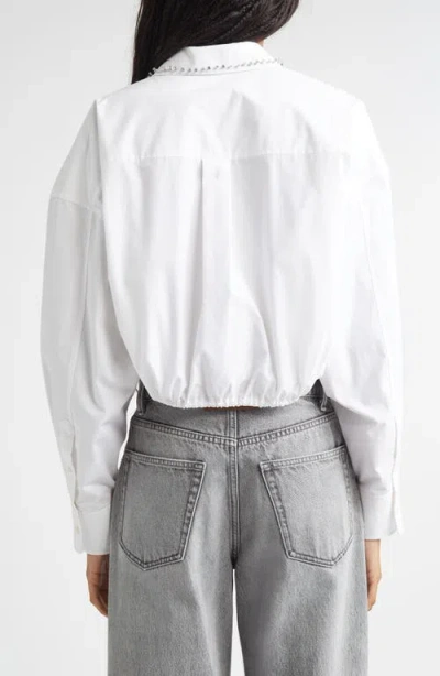 Alexander Wang Crystal Stud Crop Drawstring Waist Cotton Button-up Shirt In White