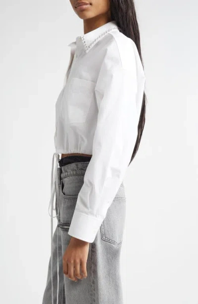 Alexander Wang Crystal Stud Crop Drawstring Waist Cotton Button-up Shirt In White