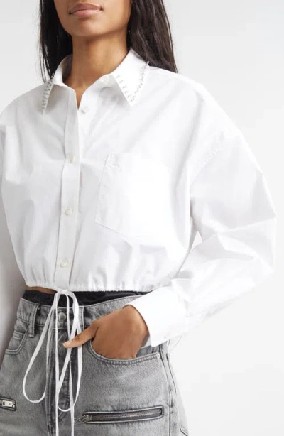 Alexander Wang Crystal Stud Crop Drawstring Waist Cotton Button-up Shirt In White