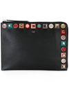 Fendi Multicolor Studded Flat Leather Clutch In Nero+mlc+palladio|nero