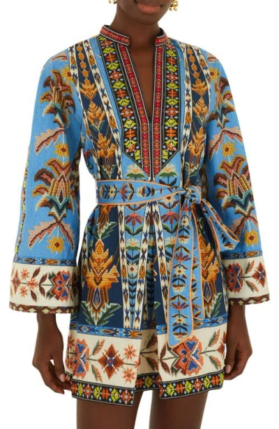 Farm Rio Blue Dress With V-neck And All-over Floral Motif In Fabric Woman In Multi