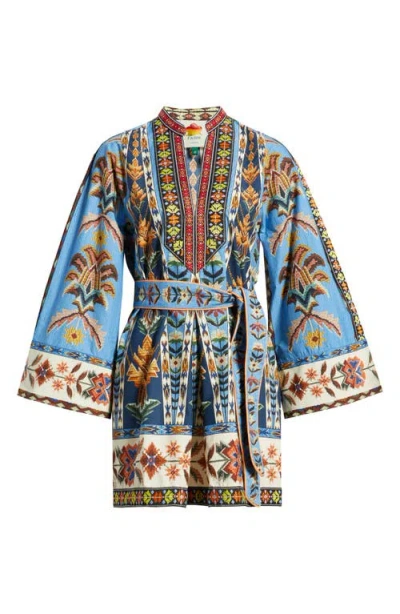 Farm Rio Blue Dress With V-neck And All-over Floral Motif In Fabric Woman In Multi