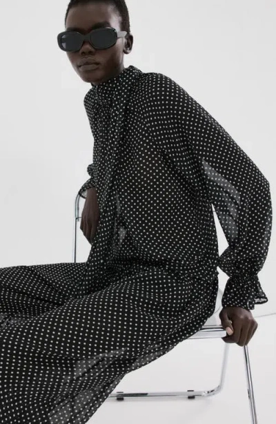 Mango Dot Tie Neck Top In Black